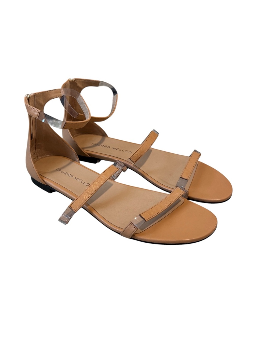 Tamara Mellon Flatline Sandals Flats Honey Napa Tan Leather PVC Size 9 (EU 39)